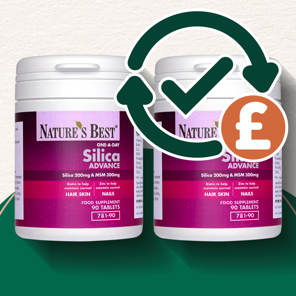 Two white plastic bottles of Nature's Best Silica Advance hair supplement with purple and magenta labels, shown on a green background with a green circular arrow graphic and a brown price badge overlay.