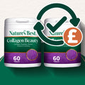Two containers of Nature's Best Collagen Beauty supplement with a checkmark and pound sign icon.