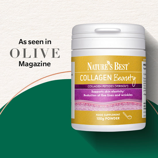Nature's Best Collagen Beauty food supplement powder in a white plastic jar with a yellow and purple label, set against a textured off-white background with a green graphic shape and 'As seen in OLIVE Magazine' text.