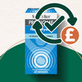 Supplement packaging with a check mark and pound sign icon on a white background