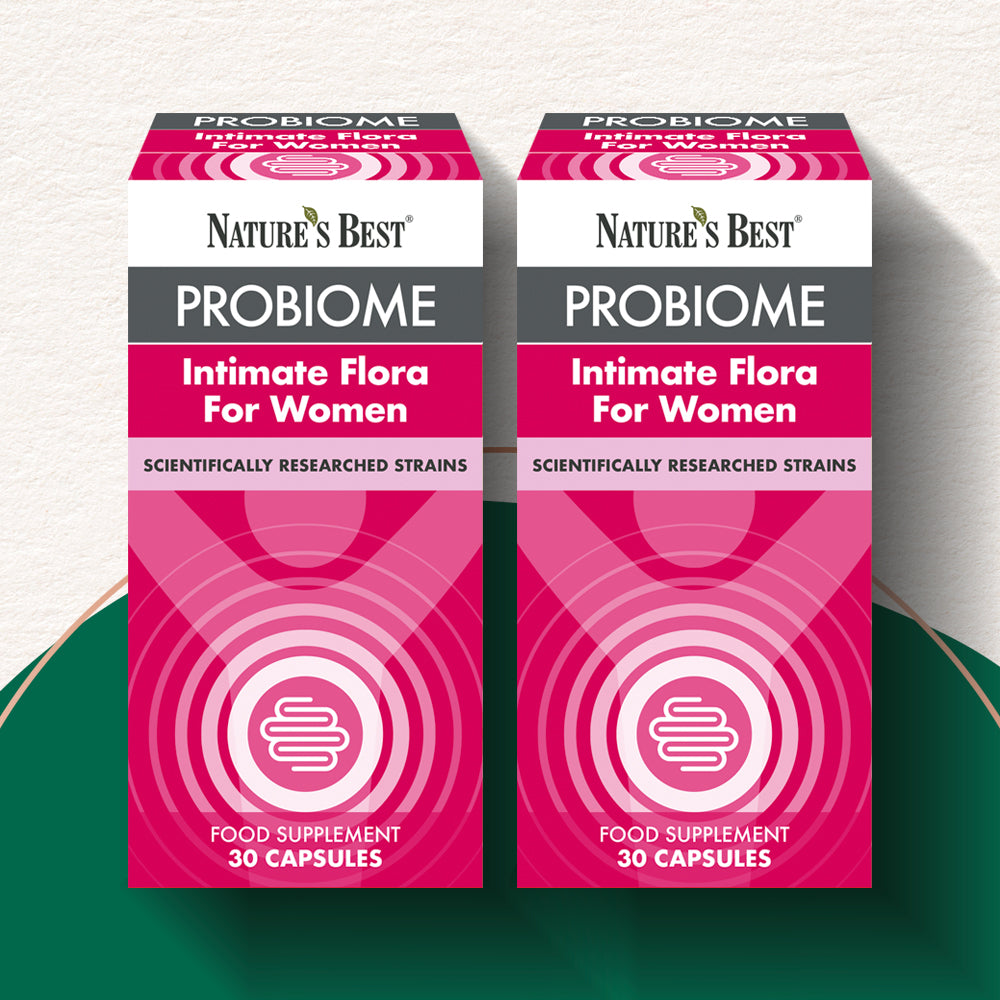 Two boxes of Nature's Best Probiome Intimate Flora for Women on a white background