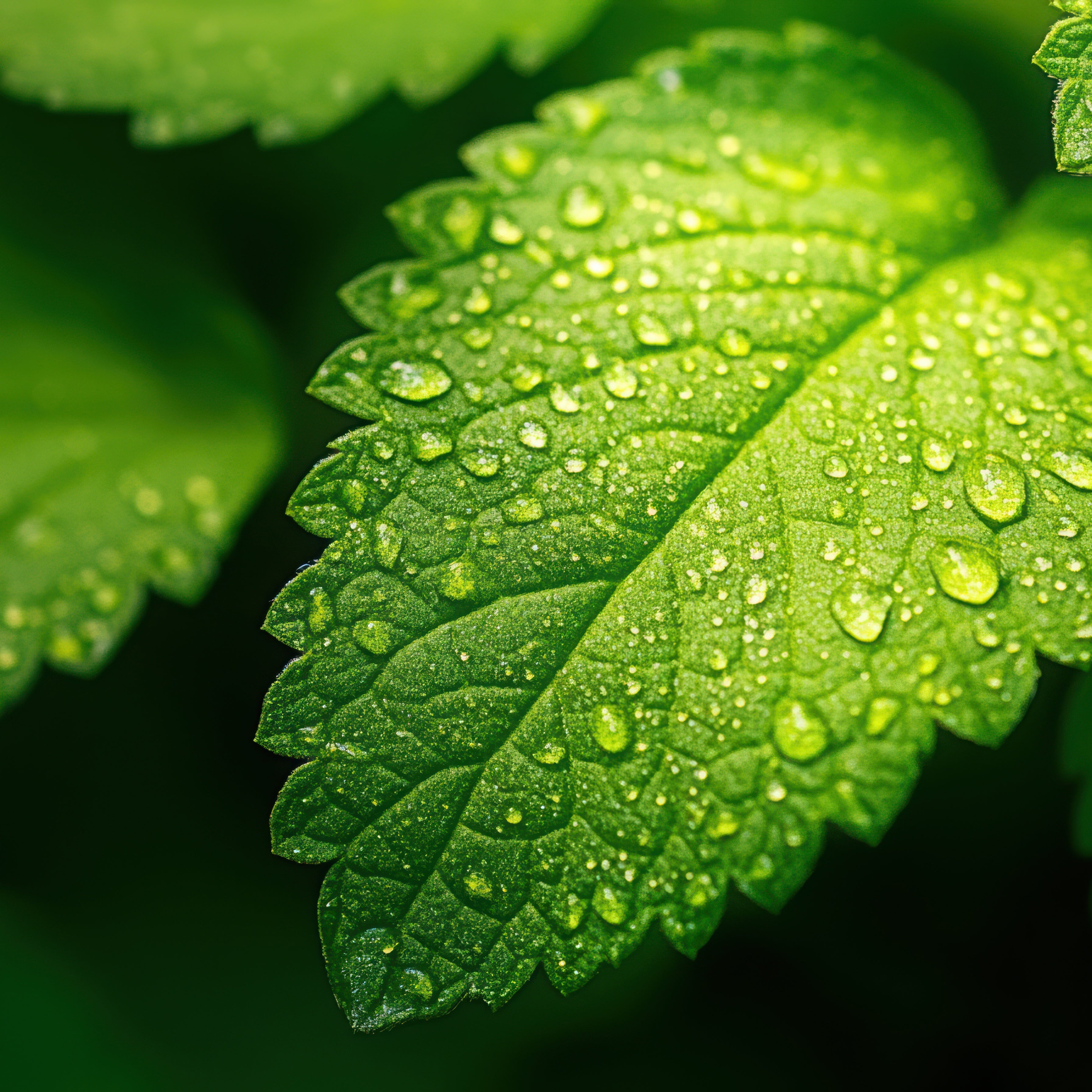 Close-up of a lemon balm leaf covered with water droplets, photographed in soft natural light against a blurred dark green background.