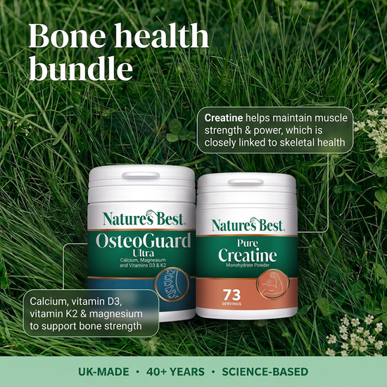 Two Nature's Best supplement containers placed on green grass with overlaid marketing text about bone health and muscle strength. The left container is white with a dark green label reading OsteoGuard Ultra, and the right container is white with a dark green and orange label reading Pure Creatine 73 servings.