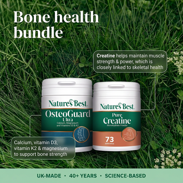 Two Nature's Best supplement containers placed on green grass with overlaid marketing text about bone health and muscle strength. The left container is white with a dark green label reading OsteoGuard Ultra, and the right container is white with a dark green and orange label reading Pure Creatine 73 servings.