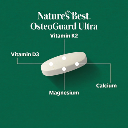 A white oval supplement tablet labeled Natures Best OsteoGuard Ultra, shown on a dark green background with callout lines pointing to Vitamin K2, Vitamin D3, Magnesium, and Calcium.