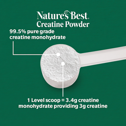 Nature's Best Creatine Powder shown in a white measuring scoop on a dark green background with text detailing its purity and scoop size.