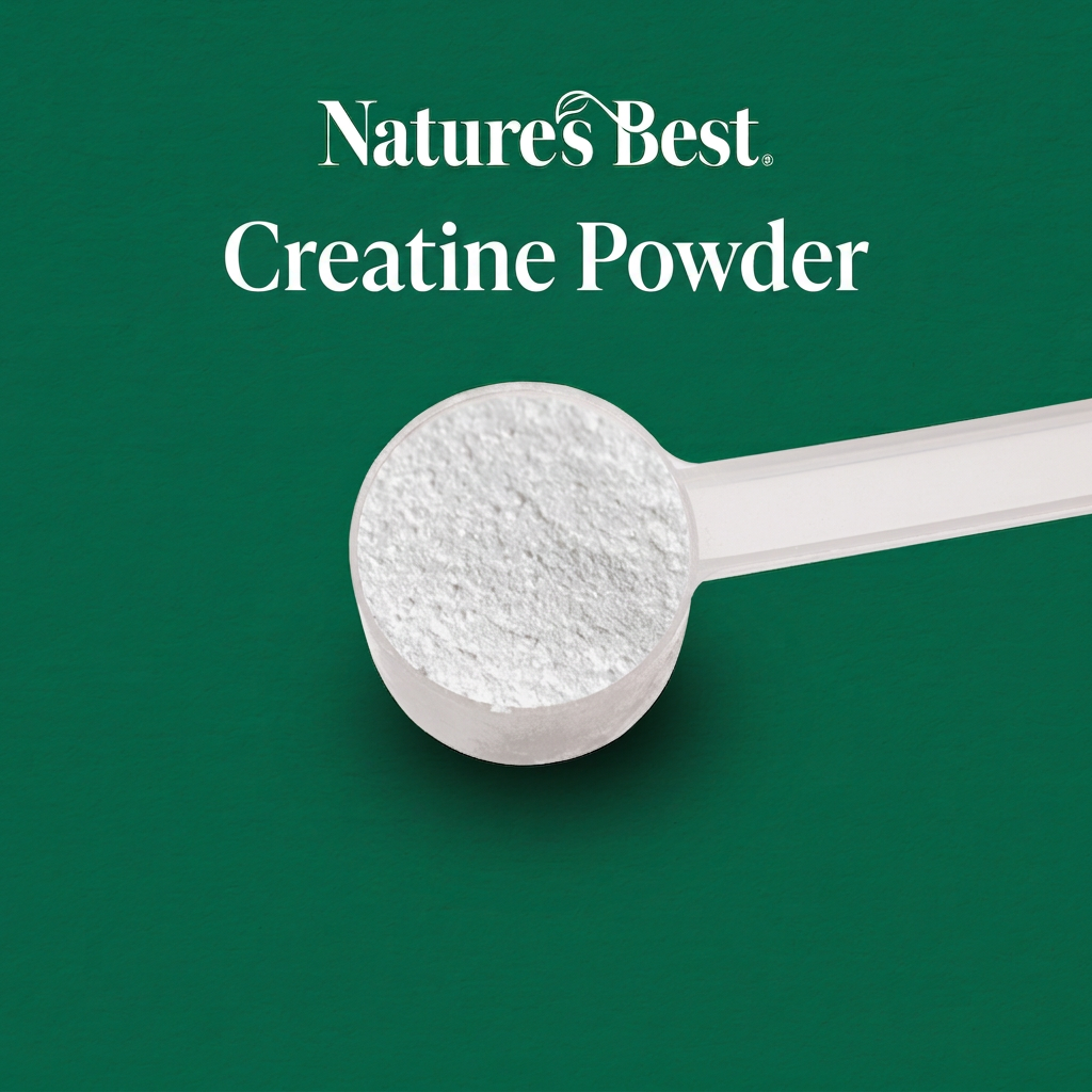 Nature's Best Creatine Powder shown as a white scoop filled with white powder on a solid dark green background.