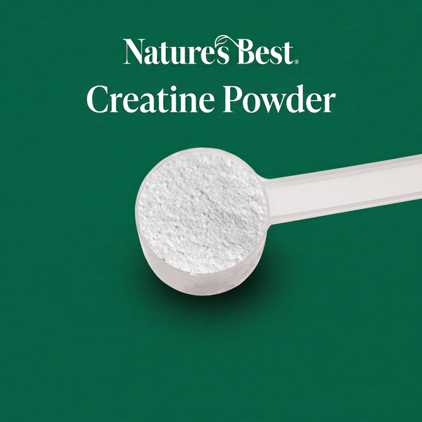 Nature's Best Creatine Powder shown as a white scoop filled with white powder on a solid dark green background.