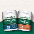 Two Nature's Best supplement containers on a green and white background: OsteoGuard Ultra tablets on the left and Pure Creatine monohydrate powder on the right.