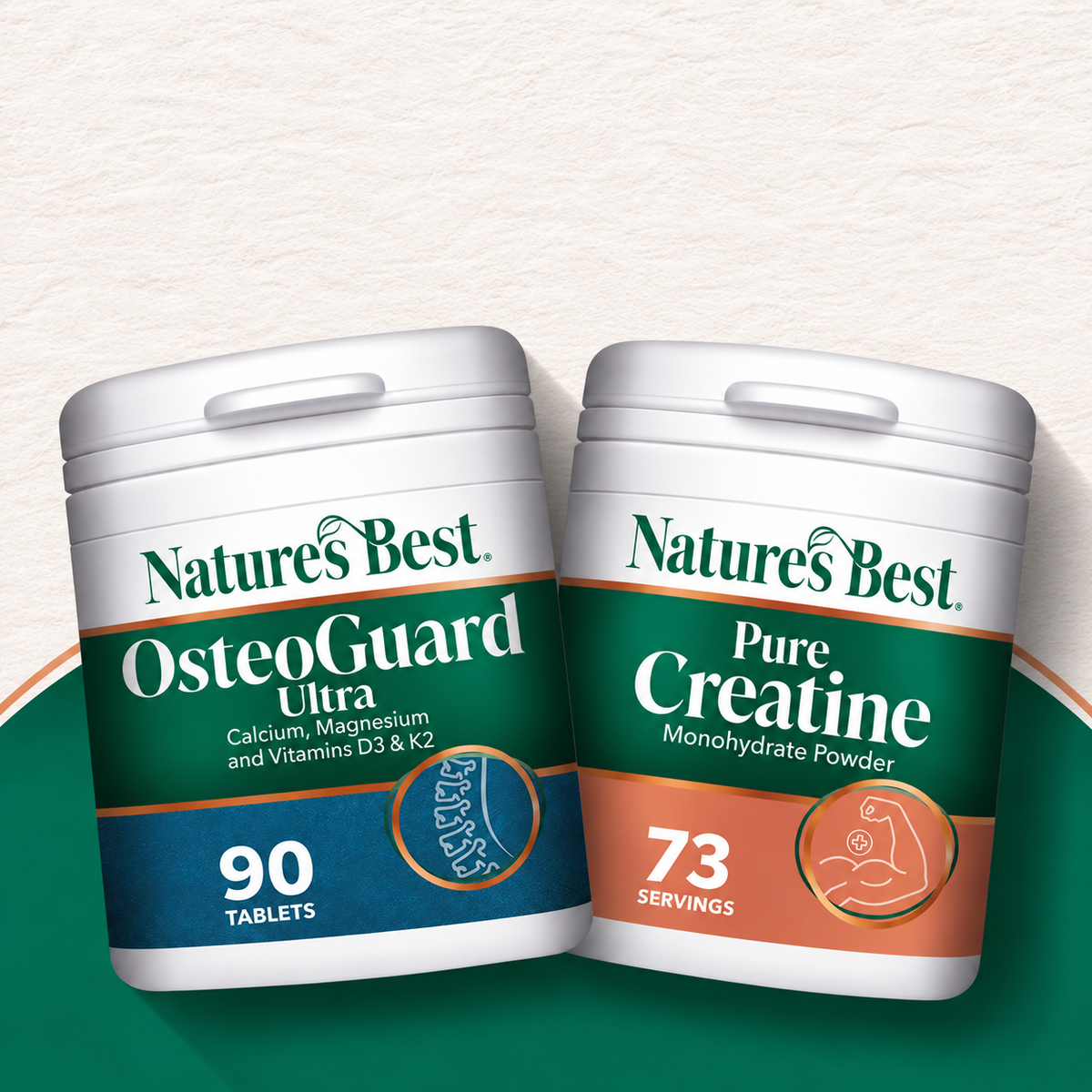 Two Nature's Best supplement containers on a green and white background: OsteoGuard Ultra tablets on the left and Pure Creatine monohydrate powder on the right.