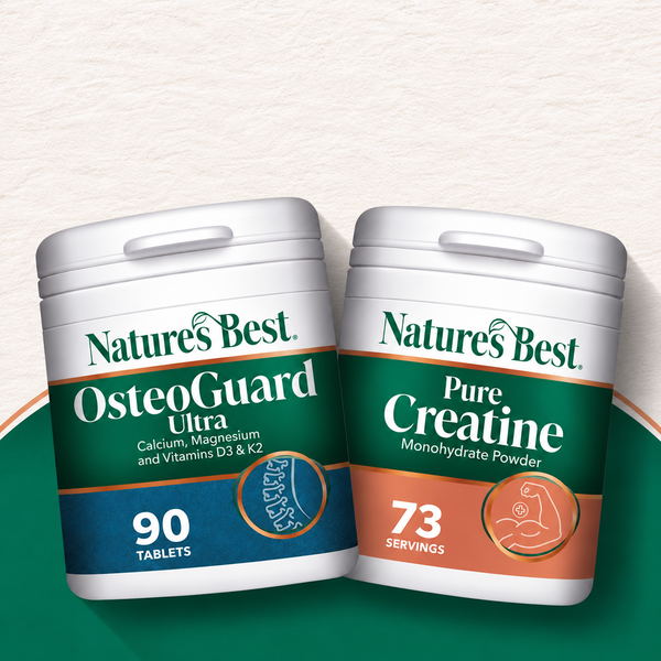 Two Nature's Best supplement containers on a green and white background: OsteoGuard Ultra tablets on the left and Pure Creatine monohydrate powder on the right.