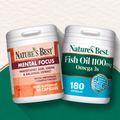 Two white supplement bottles from Nature's Best, one labeled Mental Focus and one labeled Fish Oil 1100mg Omega 3s, displayed on a green and white background.