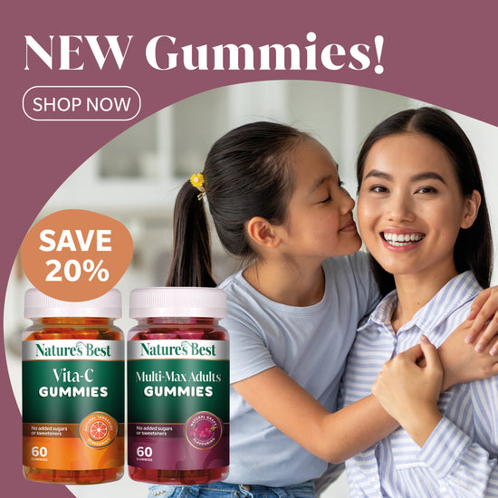 Promotional graphic for Nature's Best gummies featuring two bottles labeled Vita-C Gummies and Multi-Max Adults Gummies, alongside a woman and child in a home setting with sale text 'NEW Gummies! SHOP NOW' and 'SAVE 20%'.