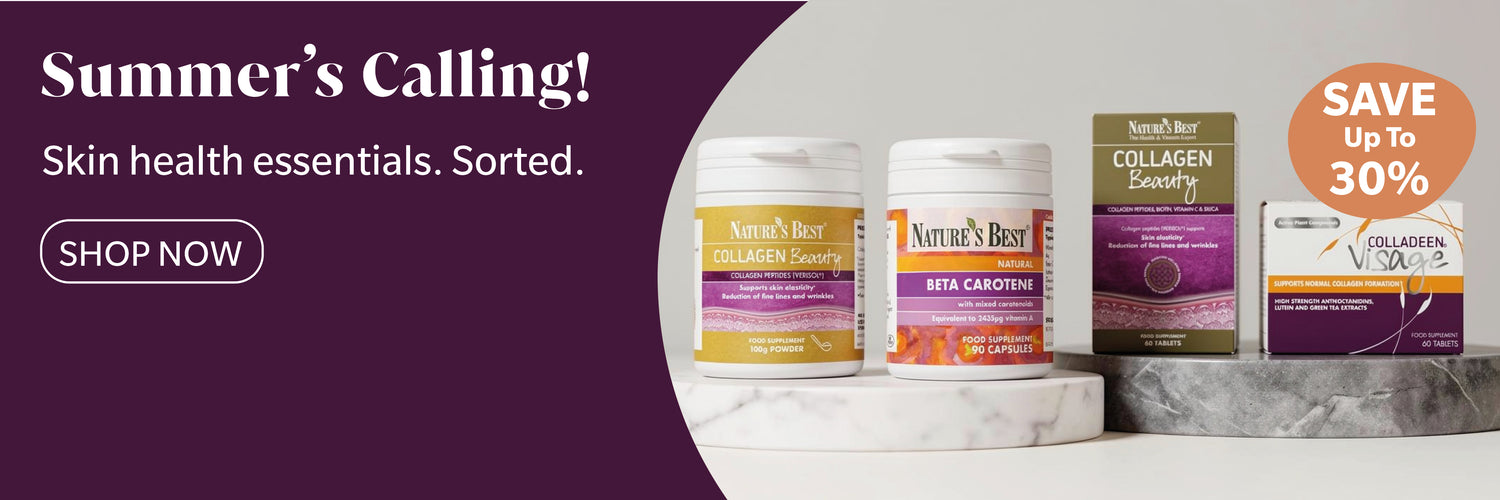 Promotional banner for Nature's Best skin health essentials, featuring several supplement containers and boxes on a marble surface against a white and dark purple background. Text reads 'Summer's Calling! Skin health essentials.