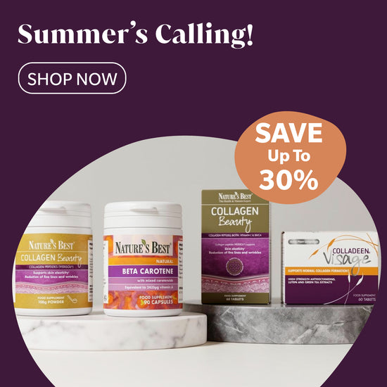 Promotional banner for Nature's Best supplements with four product containers displayed on marble pedestals inside a white oval on a dark purple background. Text reads 'Summer's Calling!', 'SHOP NOW', and 'SAVE Up To 30%'.