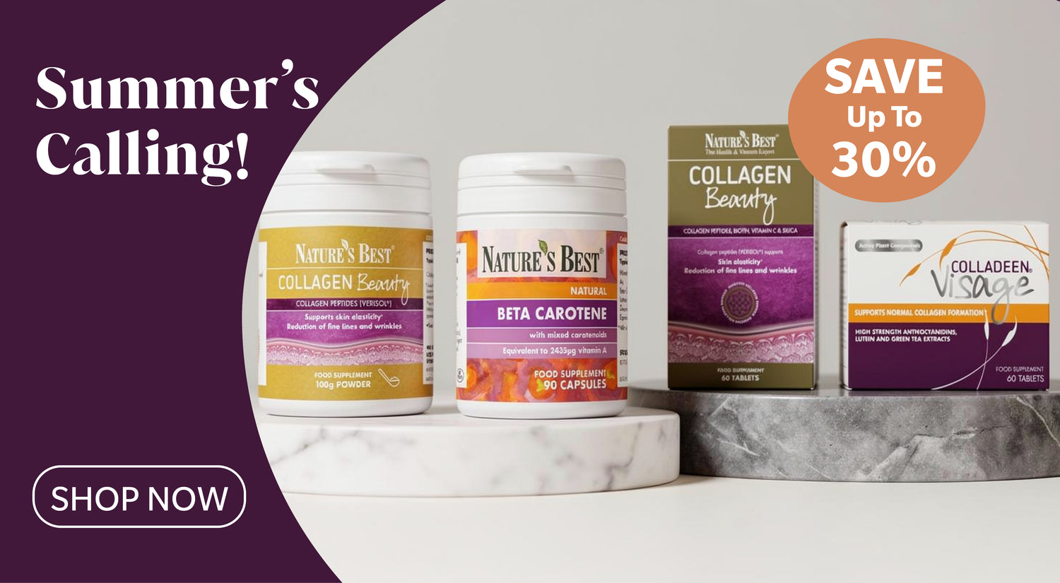 Four Nature's Best supplement products displayed on marble risers against a split dark purple and light gray background, with promotional text reading 'Summer's Calling!' and 'SAVE Up To 30%'.