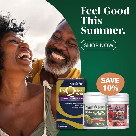Promotional banner for Nature's Best supplements featuring a smiling couple on the left and three product containers on the right against a dark green background with the text 'Feel Good This Summer. SHOP NOW' and 'SAVE 10%'.