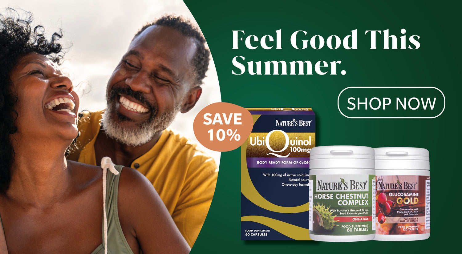 Promotional banner featuring a smiling couple on the left and product packaging on the right. The products include Nature's Best Ubi Gold 100mg capsules and Nature's Best Bone Chestnut Complex and Gold supplement containers.