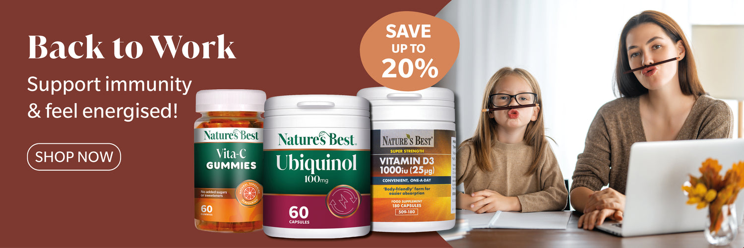 A promotional banner for Nature's Best supplements showing three product bottles (Vitamin Gummies, Ubiquinol, and Vitamin D3) alongside a lifestyle scene of a woman and child working at a desk with a laptop.