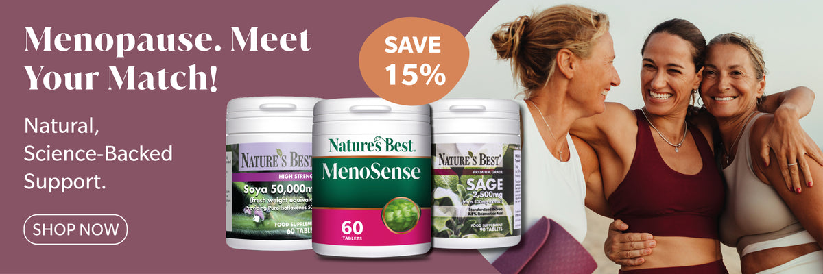 Promotional banner for Nature's Best MenoSense and Sage dietary supplements, featuring three supplement bottles on the left and three smiling women on the right, with text reading 'Menopause. Meet Your Match!' and 'SAVE 15%'.