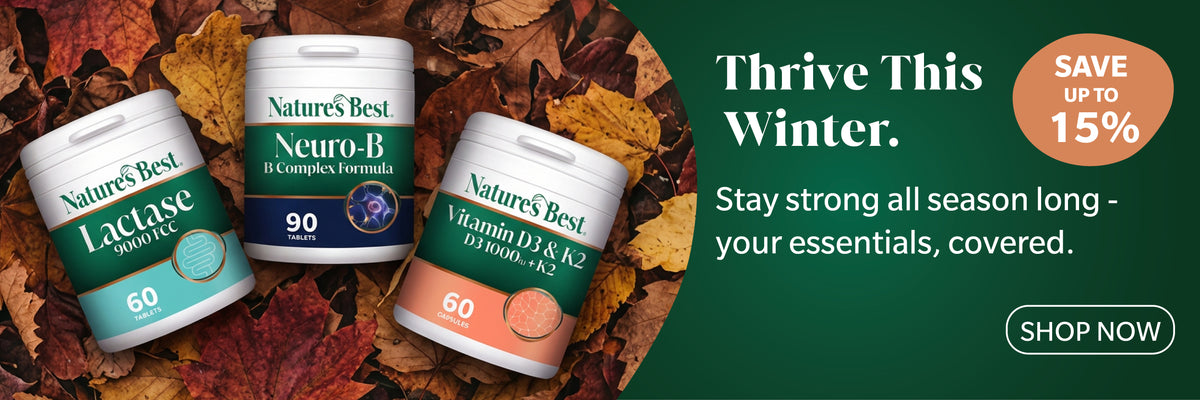 Three Nature's Best supplement bottles (Lactase, Neuro-B, and Vitamin D3/K2) displayed on a background of autumn leaves on the left, next to a dark green promotional banner on the right with the text 'Thrive This Winter' and a 'SHOP NOW' button.