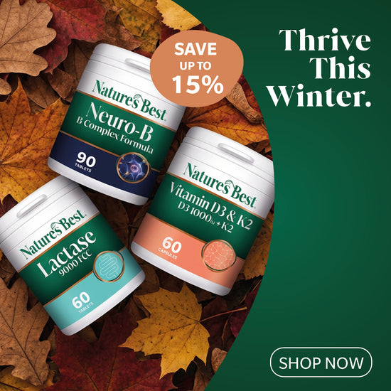 Three Nature's Best supplement containers arranged on autumn leaves against a dark green promotional background with the text 'Thrive This Winter. Save up to 15%.