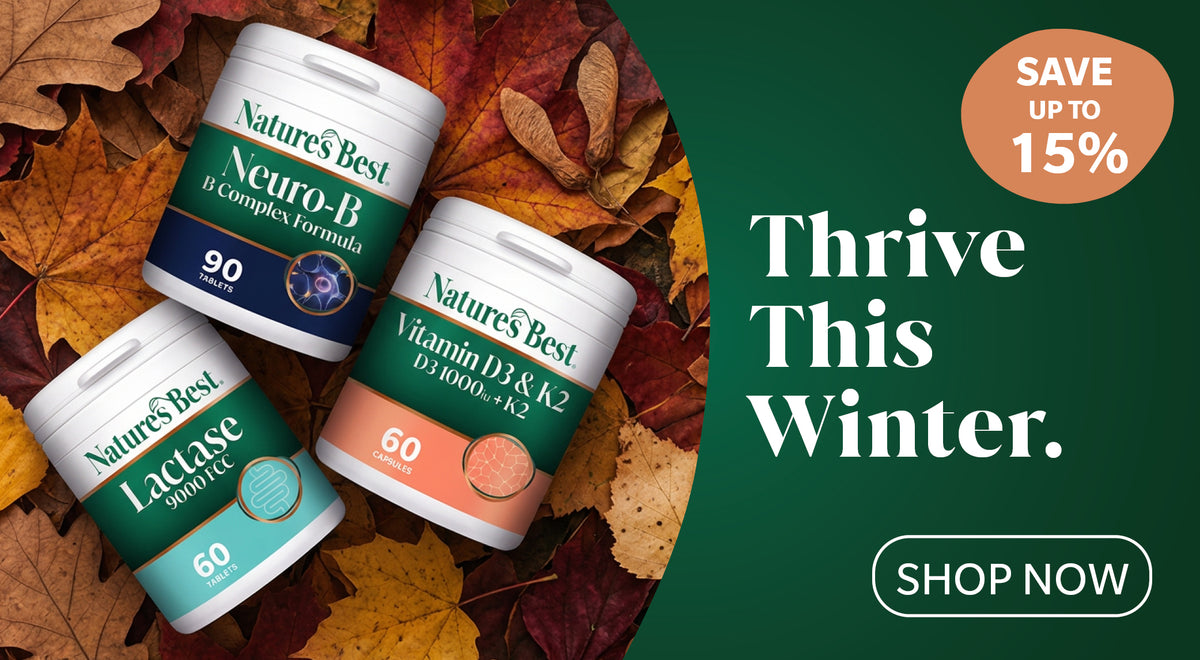 Three Nature's Best supplement bottles arranged on autumn leaves against a dark green promotional background with the text 'Thrive This Winter.' and a 'SHOP NOW' call-to-action.