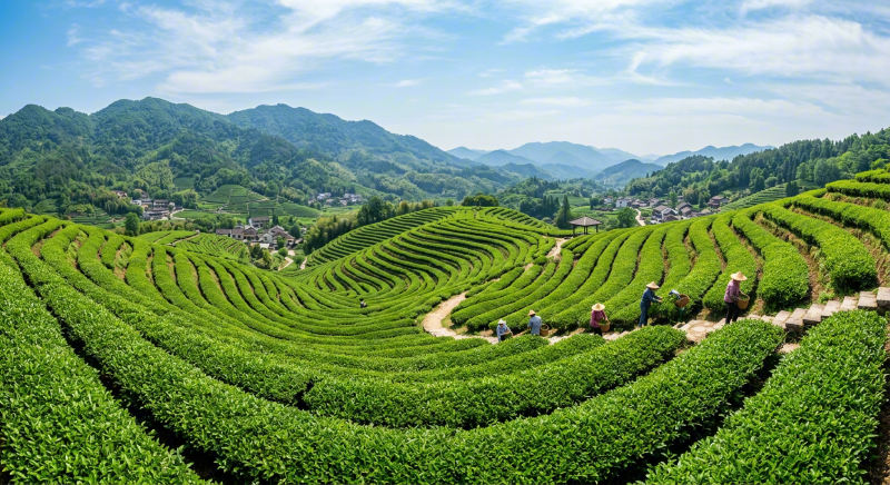 A scenic landscape of terraced green tea fields on rolling hills under a blue sky with light clouds, with small workers visible among the crops and distant mountains in the background.