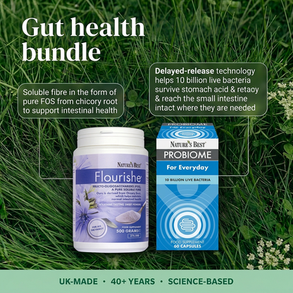 Two Nature's Best probiotic supplements on a grass background: a white jar labeled Flourishe and a blue box labeled Probiome. Text overlays describe gut health benefits, with the left item labeled as soluble fibre and the right as delayed-release technology.
