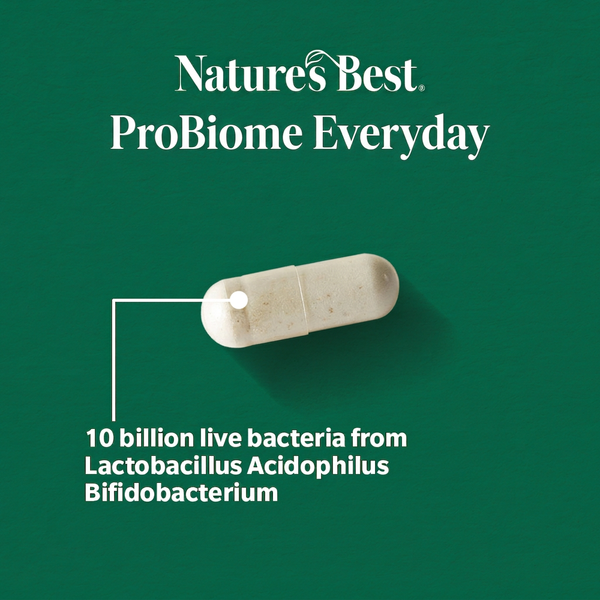 A single beige capsule pill centered on a dark green background with white text reading 'Natures Best ProBiome Everyday' and additional text noting 10 billion live bacteria from Lactobacillus Acidophilus and Bifidobacterium.