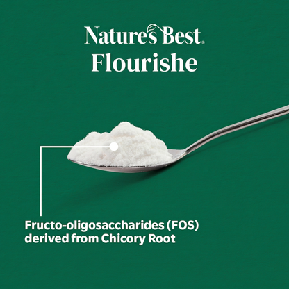 A spoonful of white flour or powder on a dark green background with the brand name 'Nature's Best Flourishe' at the top and text reading 'Fructo-oligosaccharides (FOS) derived from Chicory Root.'.