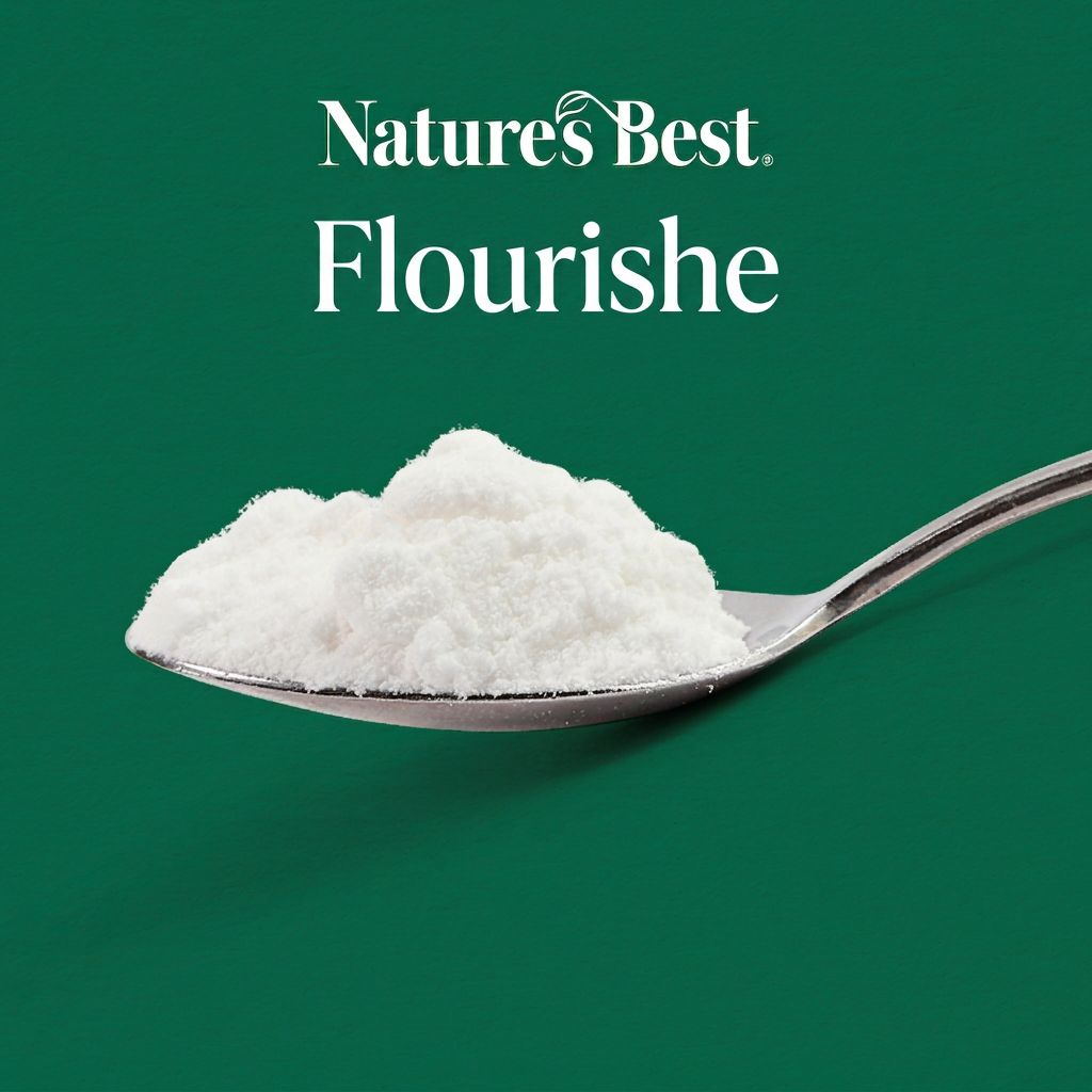 A spoonful of white flour powder on a solid green background with the text 'Nature's Best Flourishe' in white at the top.