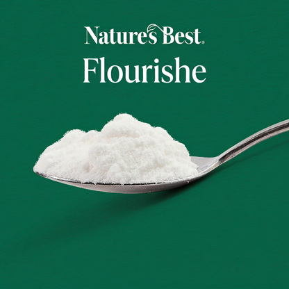 A spoonful of white flour powder on a solid green background with the text 'Nature's Best Flourishe' in white at the top.