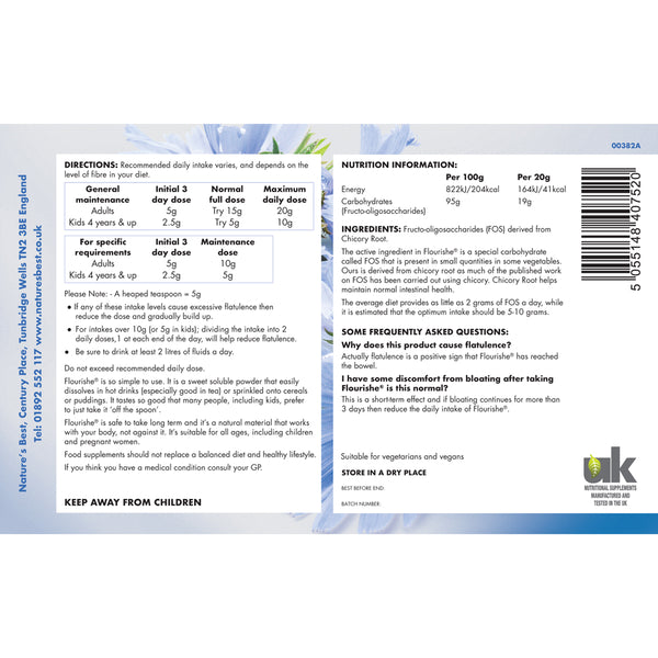 The back of a FlavourFluent product box showing nutrition information, directions, ingredients, and suitability details on a white background with a blue brand panel.