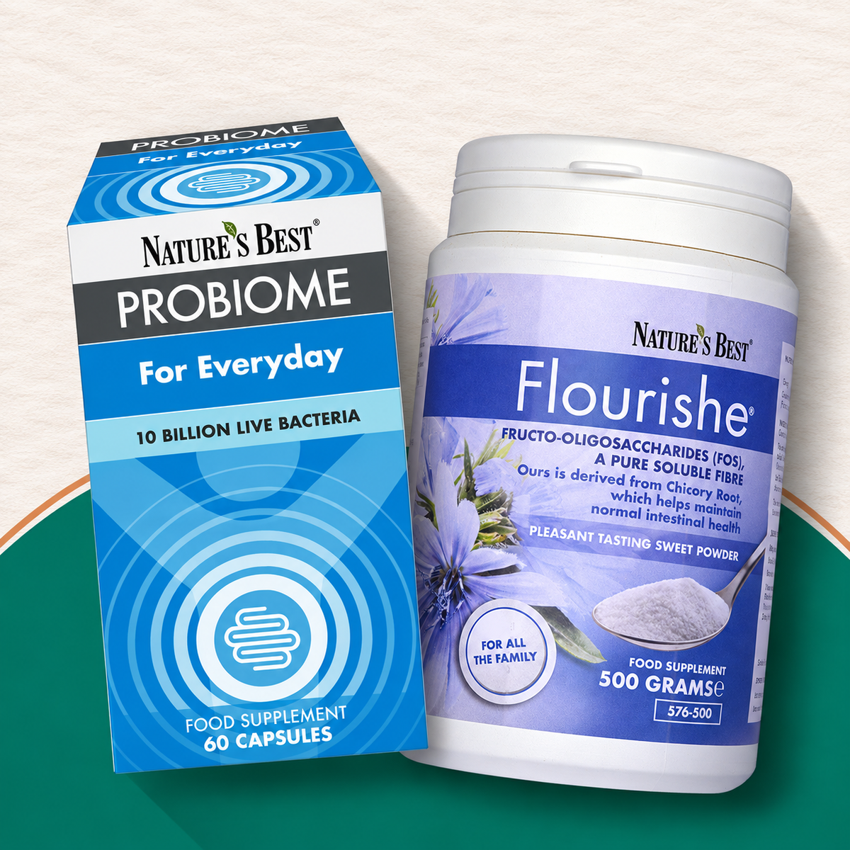 Nature's Best Probiome and Flourishe food supplement packaging shown side by side on a split green and beige background.