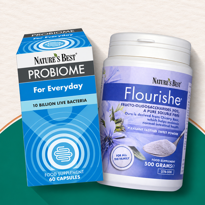 Nature's Best Probiome and Flourishe food supplement packaging shown side by side on a split green and beige background.