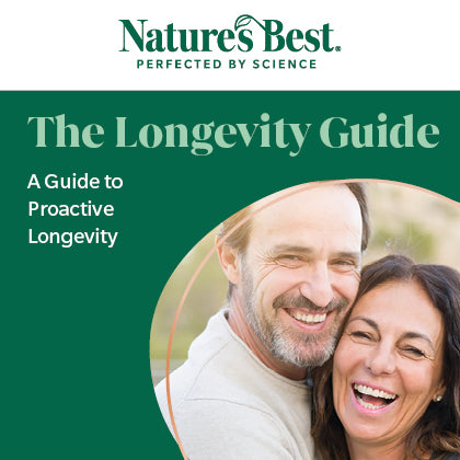 Cover of a guide titled 'The Longevity Guide' by Nature's Best, featuring a dark green background, white text, and a circular photo of a smiling couple.