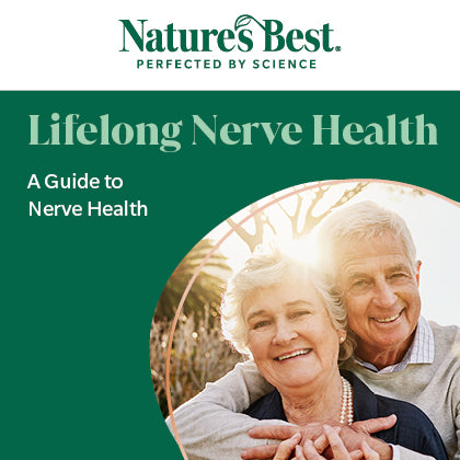 Nature's Best 'Lifelong Nerve Health: A Guide to Nerve Health' book cover, featuring a dark green background with white text and a circular inset photo of a smiling elderly couple.