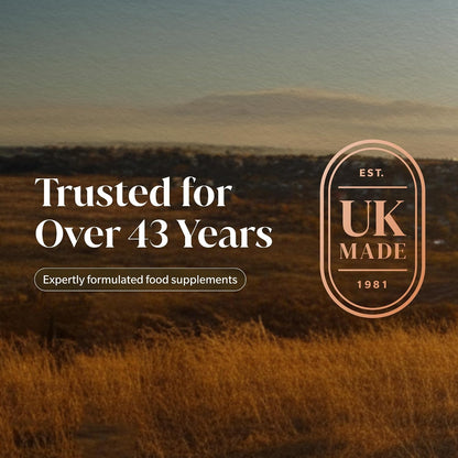 A promotional graphic with a golden grassy field under a hazy sky, featuring the text 'Trusted for Over 43 Years' and a circular 'UK MADE EST. 1981' badge.