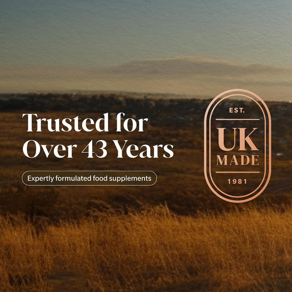 A promotional graphic with a golden grassy field under a hazy sky, featuring the text 'Trusted for Over 43 Years' and a circular 'UK MADE EST. 1981' badge.