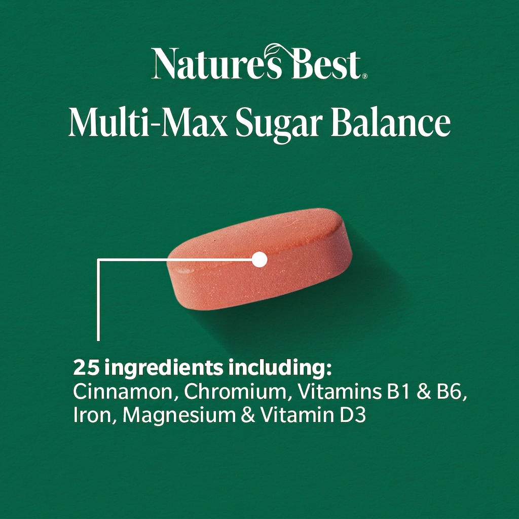 A single pinkish-red oval supplement tablet on a dark green background with white text reading 'Nature's Best Multi-Max Sugar Balance' and ingredient highlights.