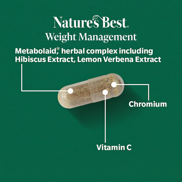 A clear capsule containing golden-brown herbal powder sits on a dark green background with white text reading 'Natures Best Weight Management' and callouts identifying Chromium and Vitamin C.