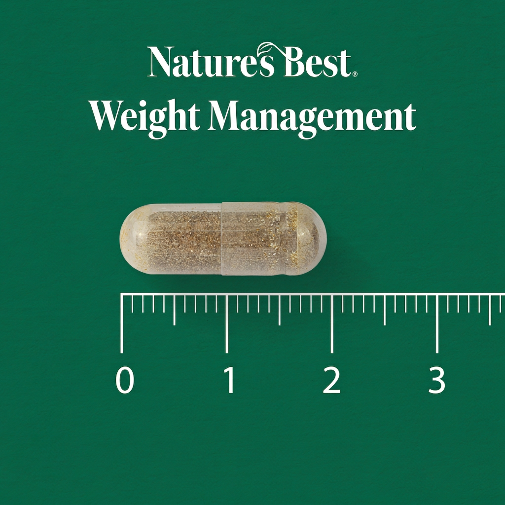 A clear capsule filled with brown powder sits on a dark green background with the text 'Nature's Best Weight Management' above it and a ruler below for scale.
