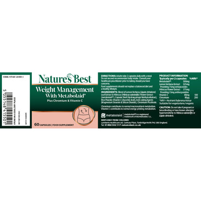 Nature's Best Weight Management With Metabolaid Plus Chromium & Vitamin C food supplement box packaging, showing front and back labels with text, barcode, and product information on a white background.