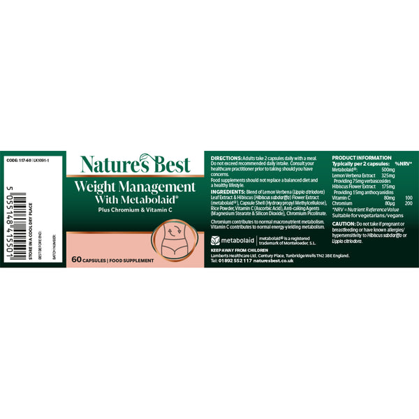Nature's Best Weight Management With Metabolaid Plus Chromium & Vitamin C food supplement box packaging, showing front and back labels with text, barcode, and product information on a white background.