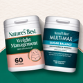 Two white supplement bottles from Nature's Best on a split beige and green background. The left bottle is 'Weight Management' with a green and peach label, and the right bottle is 'Multi-Max' with a dark blue and light blue label.