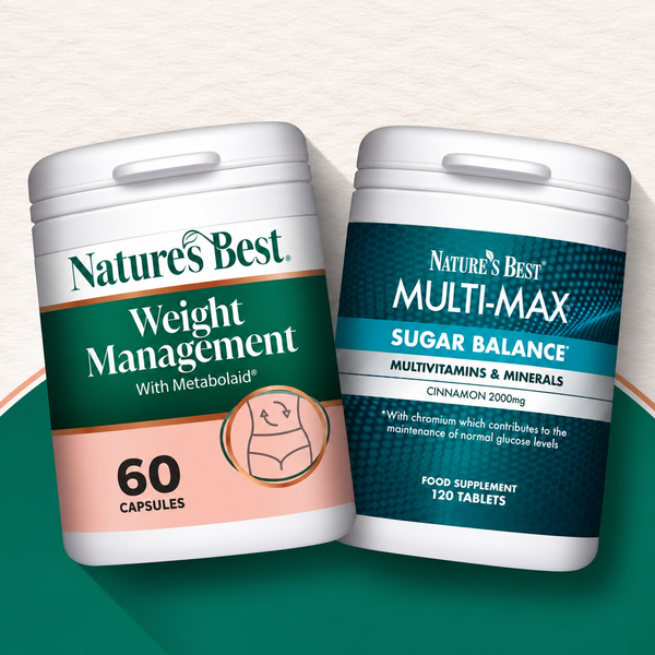 Two white supplement bottles from Nature's Best on a split beige and green background. The left bottle is 'Weight Management' with a green and peach label, and the right bottle is 'Multi-Max' with a dark blue and light blue label.