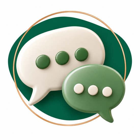 3D illustration of two speech bubbles, one cream and one green, each with three dots, set against a dark green oval with a thin gold circular border on a white background.