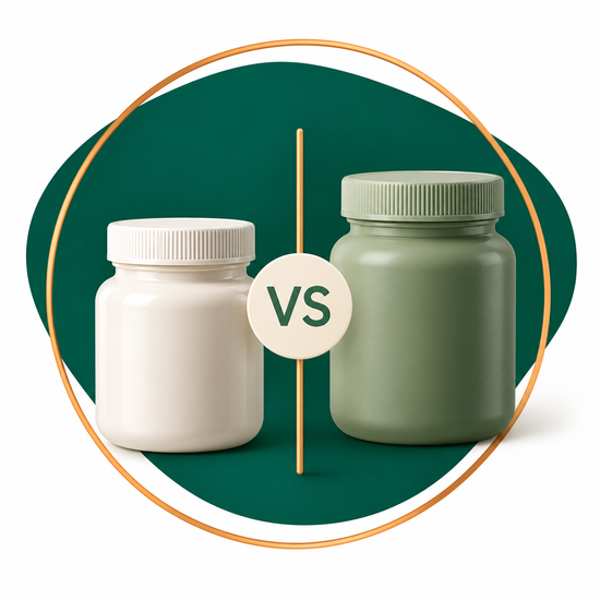 Two plastic supplement or cosmetic jars shown side by side with a 'VS' badge between them, framed inside a gold circular outline on a dark green and white background.