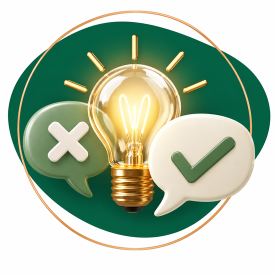 A stylized digital illustration featuring a glowing light bulb centered between two speech bubbles, one with a green checkmark and one with a white X, on a dark green circular background with a thin gold ring.